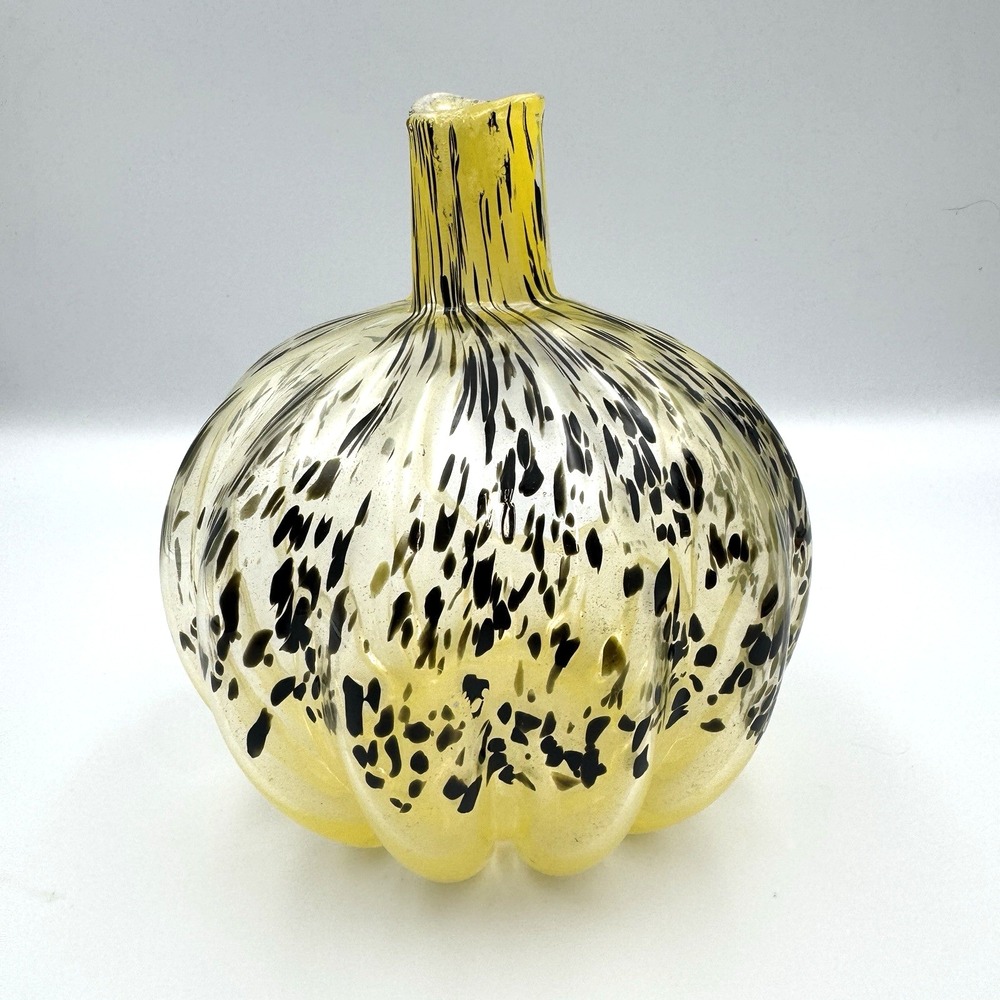 Handmade Polish Art Glass Candle Holder Yellow Black Spatter Pumpkin